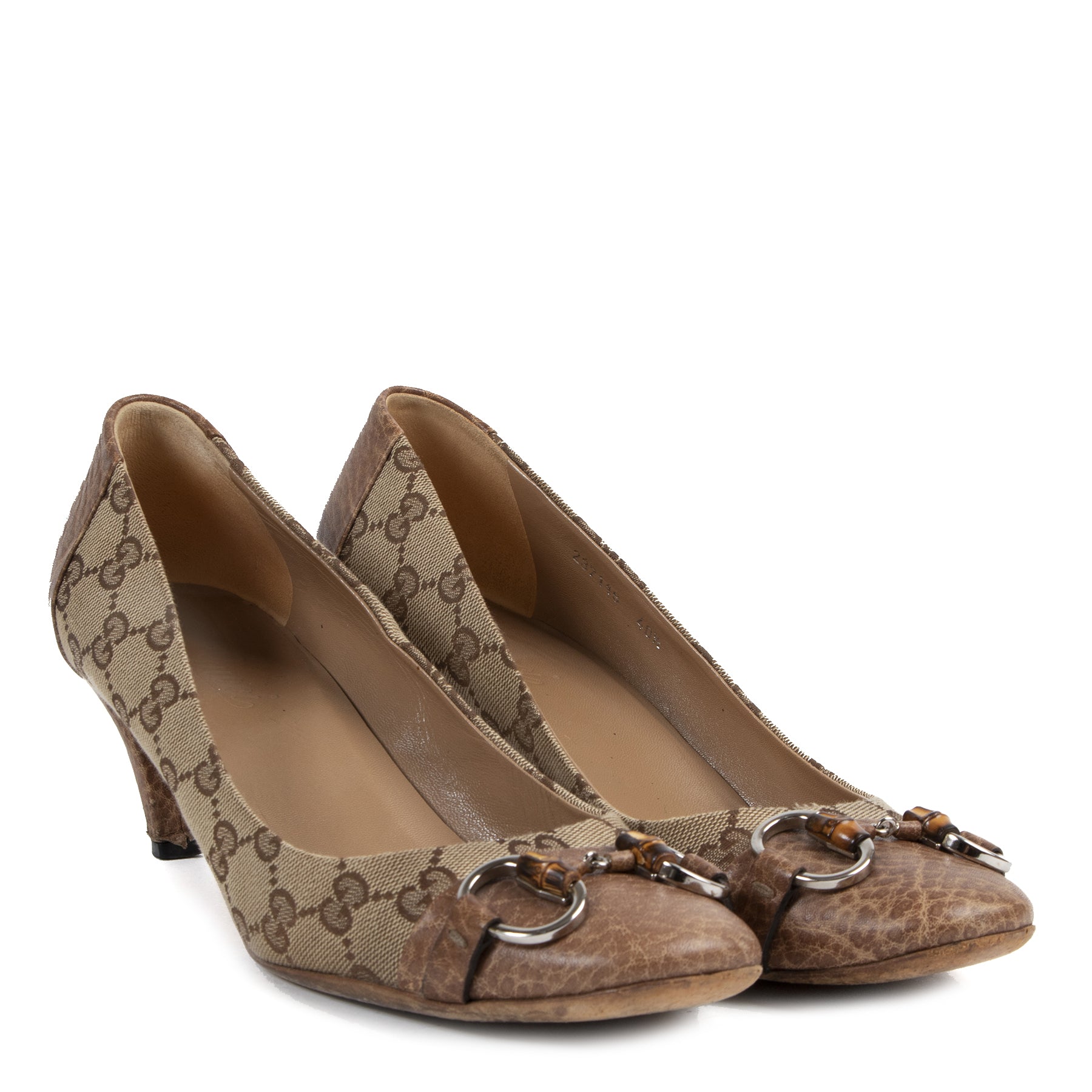 Gucci Monogram Beige Canvas Round-Toe Horsebit Pumps