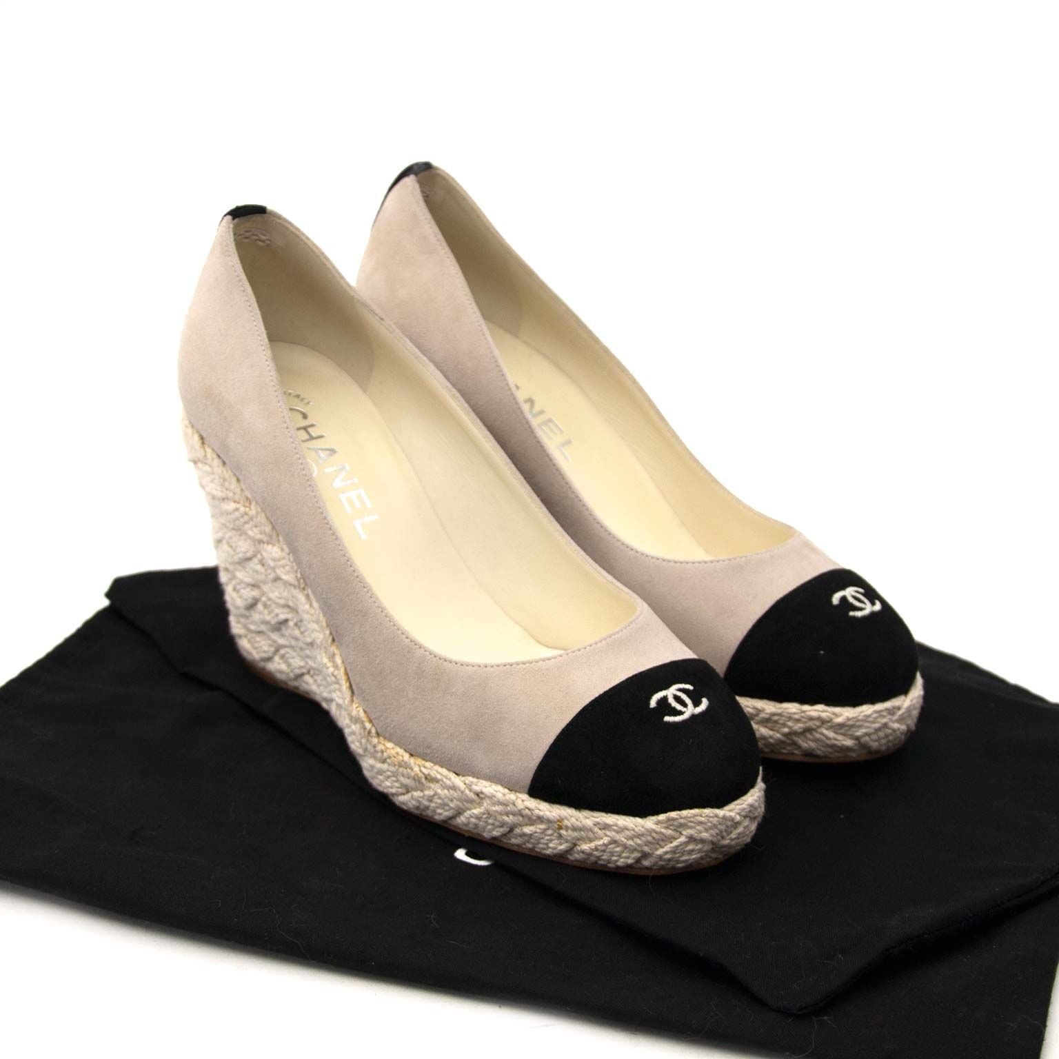 secondhand chanel beige and black toe suede wedges at labellov