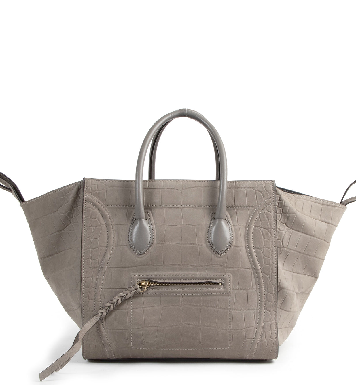 Celine Luggage Croco Gaufré Gris Moyen