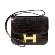 tweedehands vintage Hermes Constance crocodile porosus leather handbag