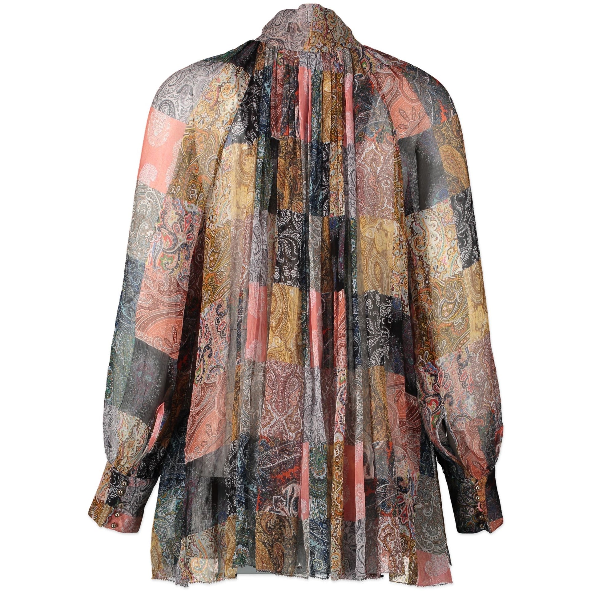 Zimmerman Patchwork Paisley Printed High-neck Smocked Silk Top