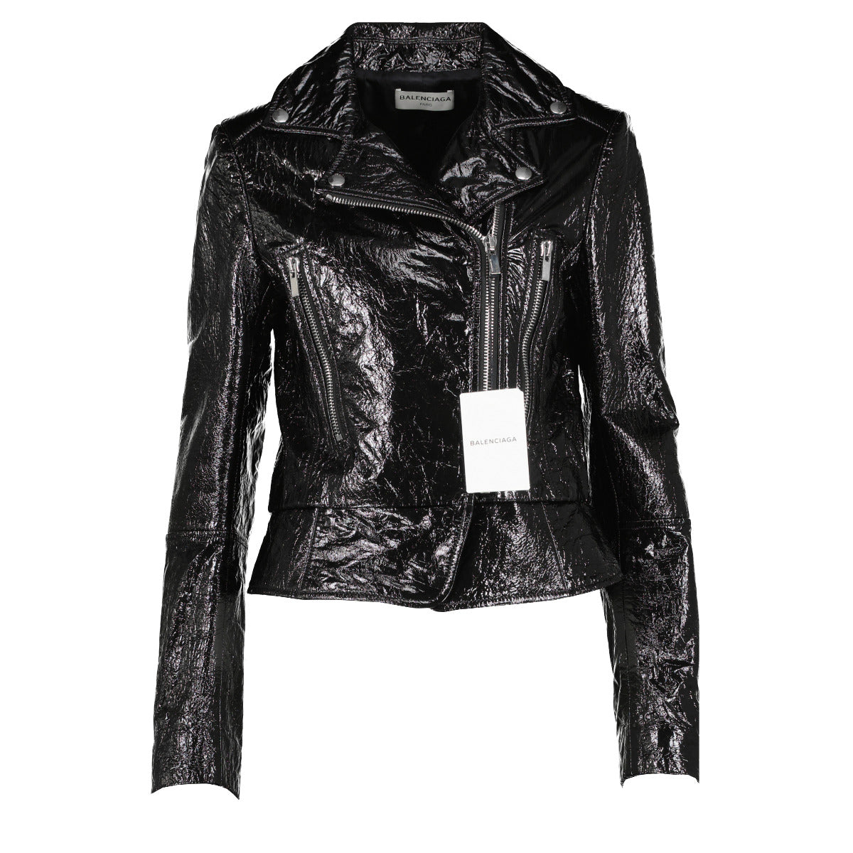 Blouson de motard Balenciaga en cuir verni noir froissé - FR38