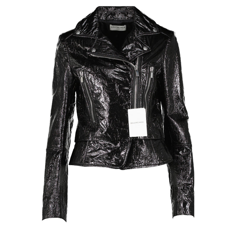 Balenciaga Black Crinckled Patent Leather Biker Jacket - FR38