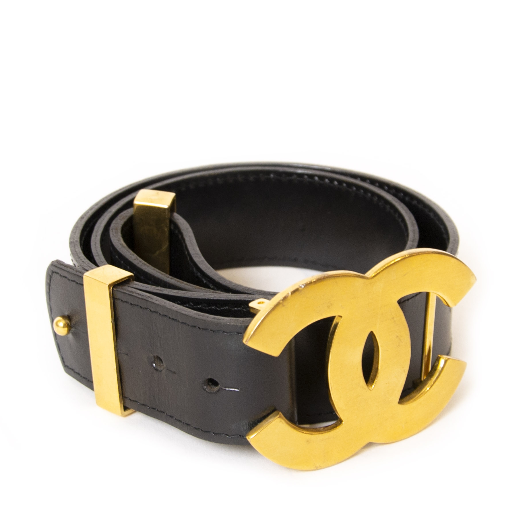 Chanel Black Leather Gold CC Logo Belt - Size 80 ○ Buy Sell Authentic