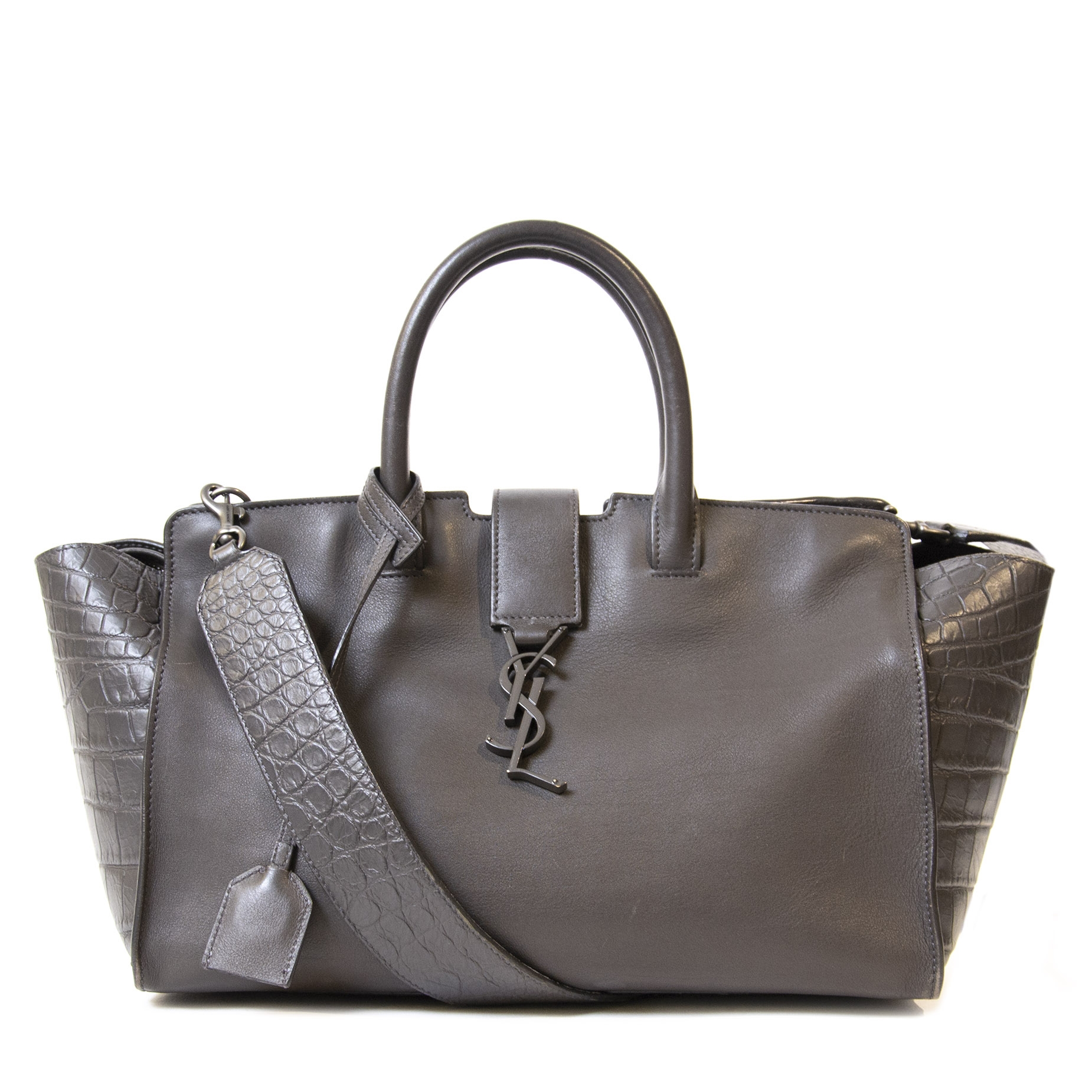 Saint Laurent Small Monogram Downtown Cabas Leather Tote Bag in Brown