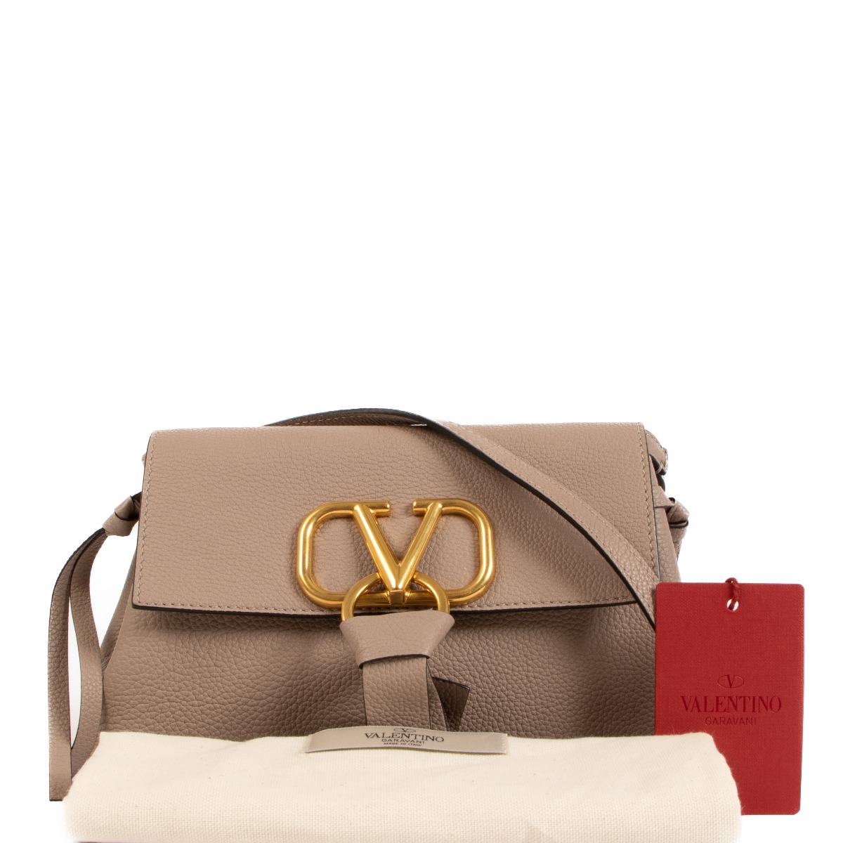 Authenticated Valentino VRing Crossbody Brown Beige Calf Leather Bag