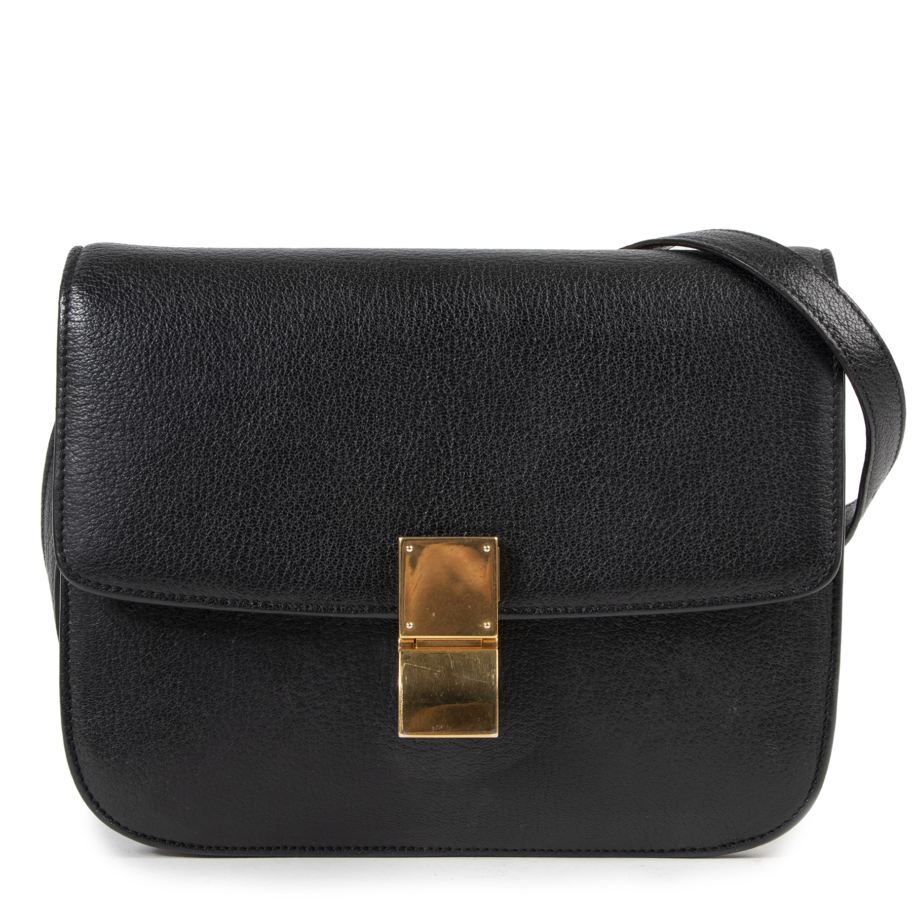 Celine Black Pebbled Leather Medium Classic Box Bag ○ Labellov