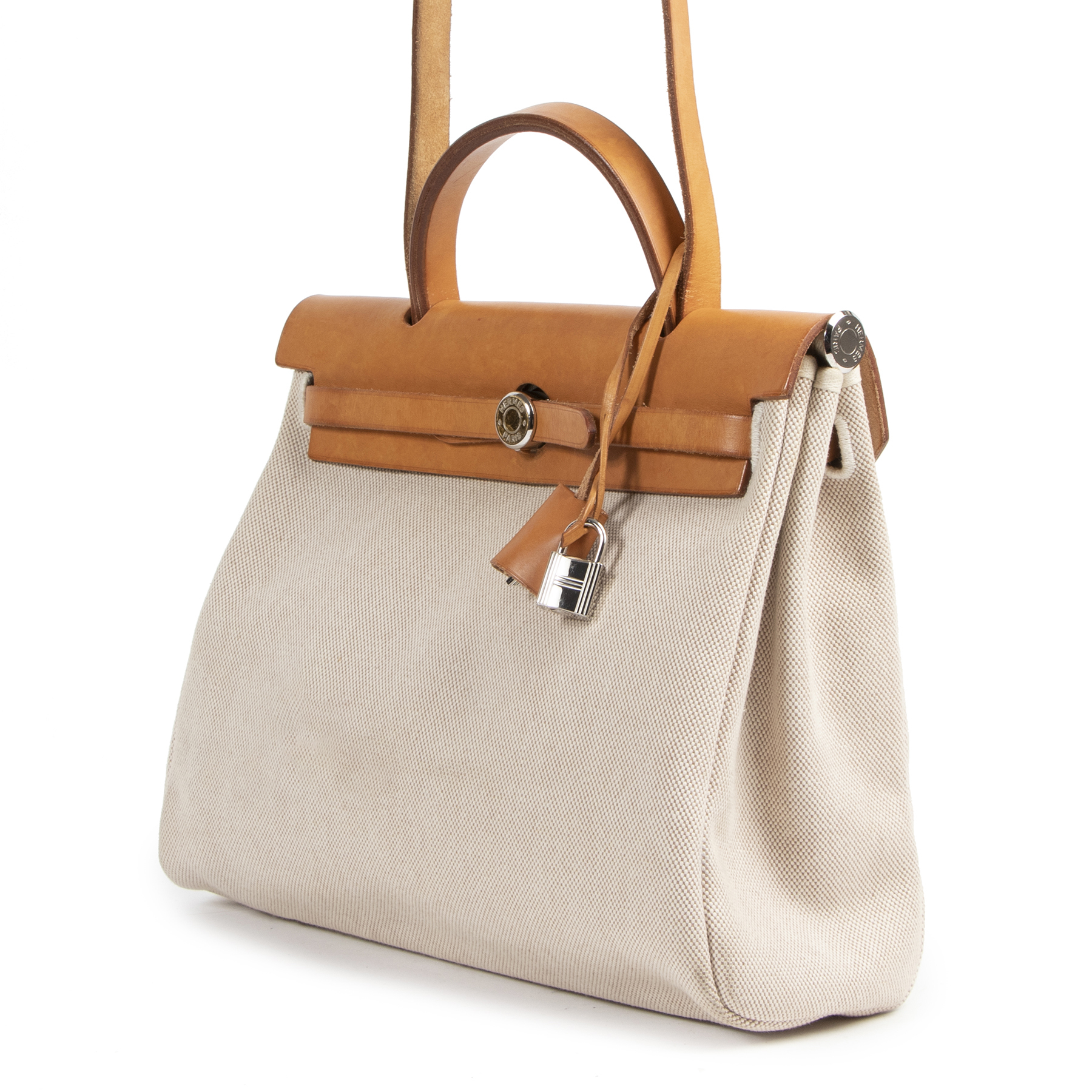 HERMES Herbag MM beige Toile coated canvas brown leather PHW 2-in-1 bag