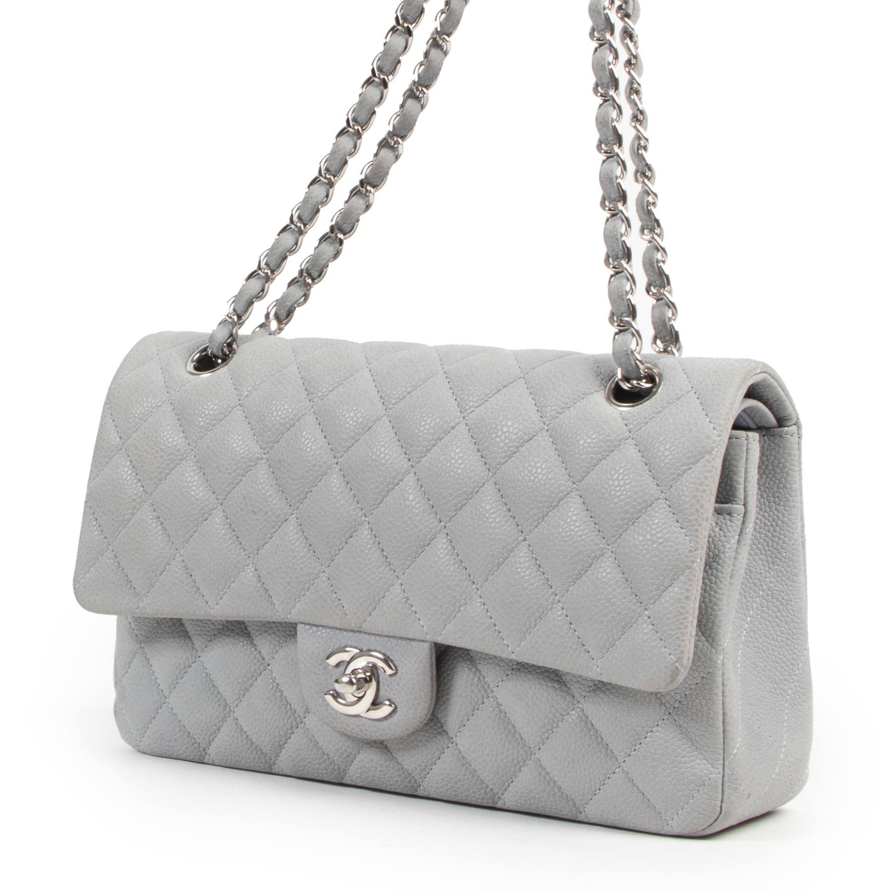 CHANEL Grey Quilted Lambskin Leather Medium Double Flap Bag  Silver  Hardware  Chelsea Vintage Couture