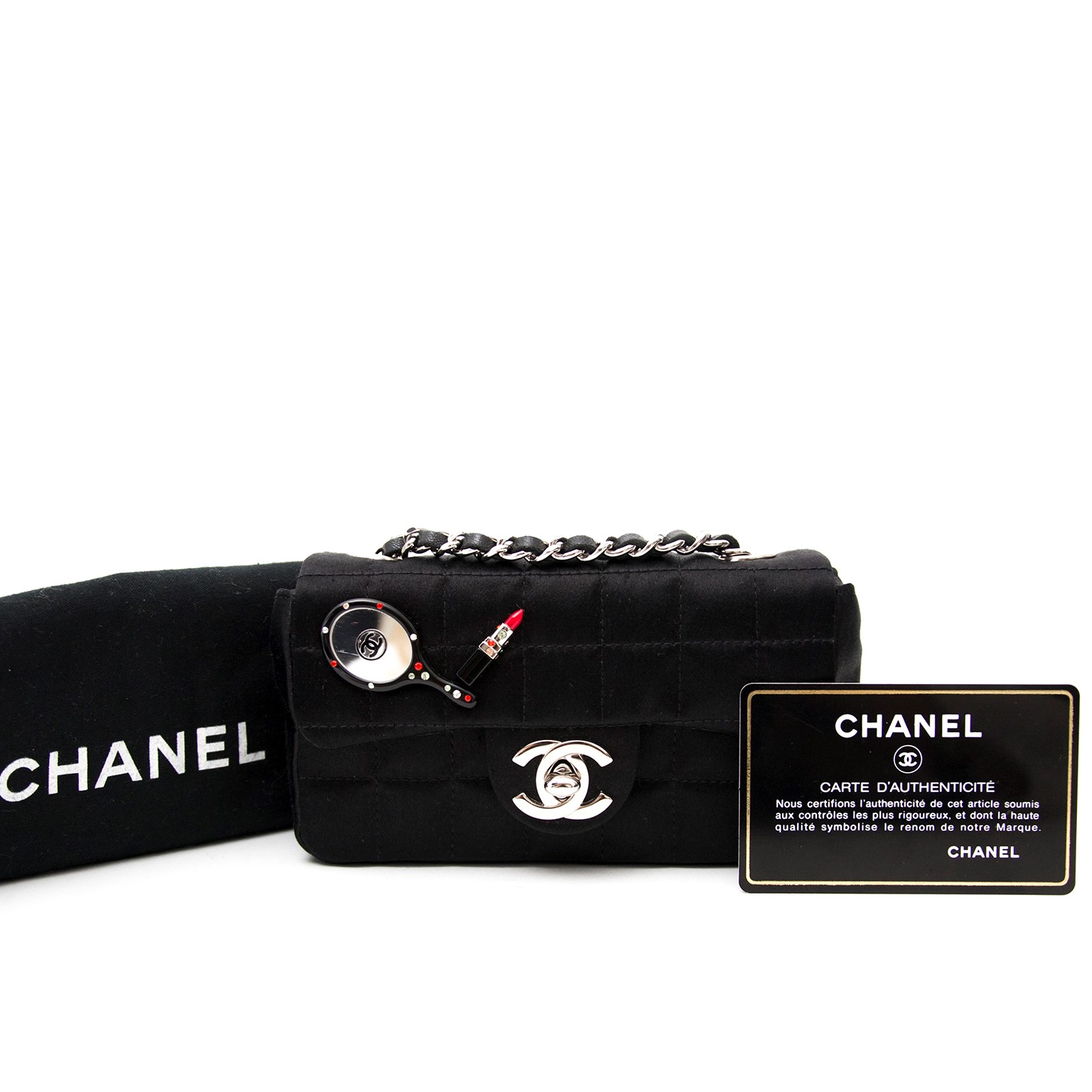 Chanel Black Quilted Satin Lipstick & Mirror Micro Mini Flap Bag ○ Labellov  ○ Buy and Sell Authentic Luxury