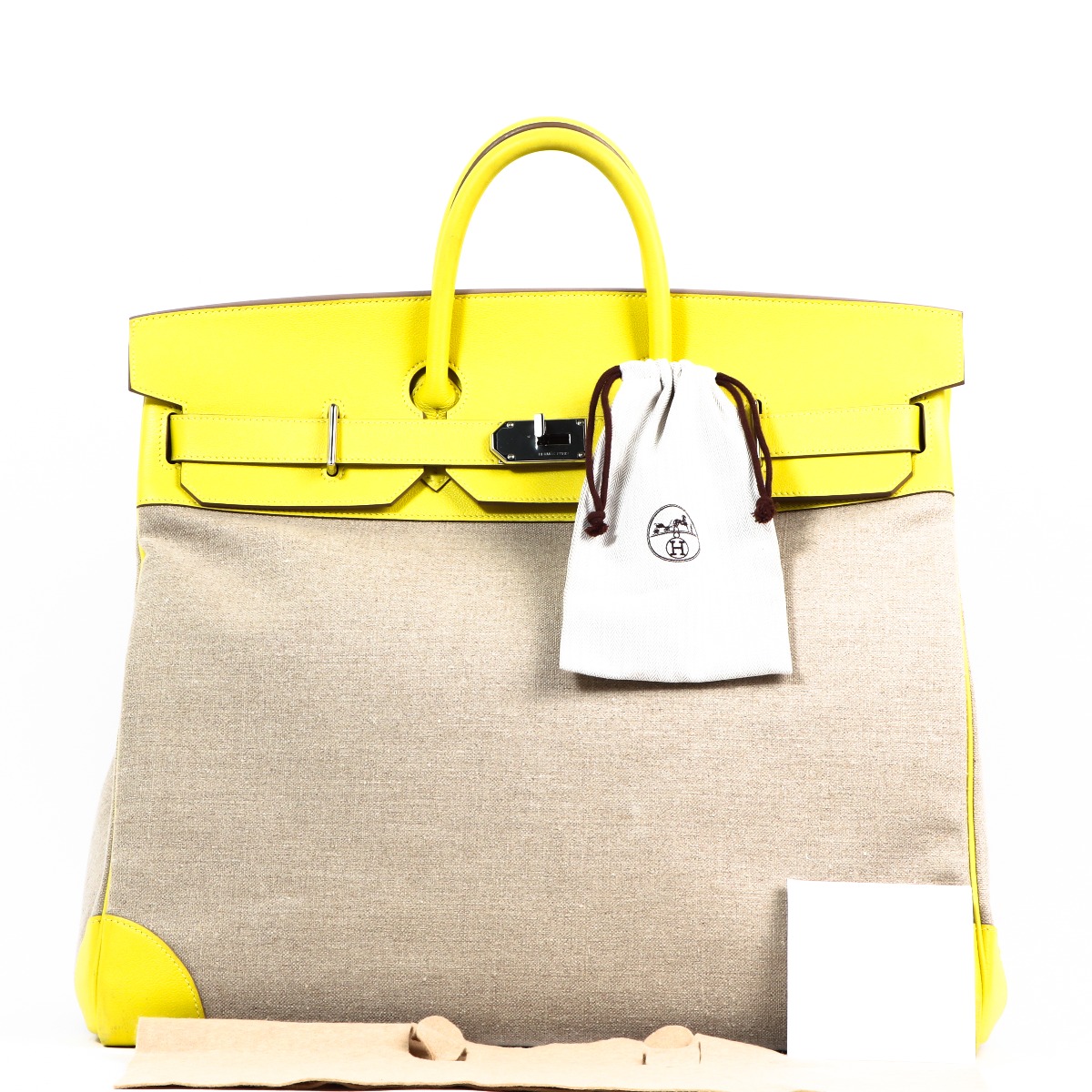 Hermès Hac Birkin 40 In Ficelle Toile De Camp And Lime Evercolor