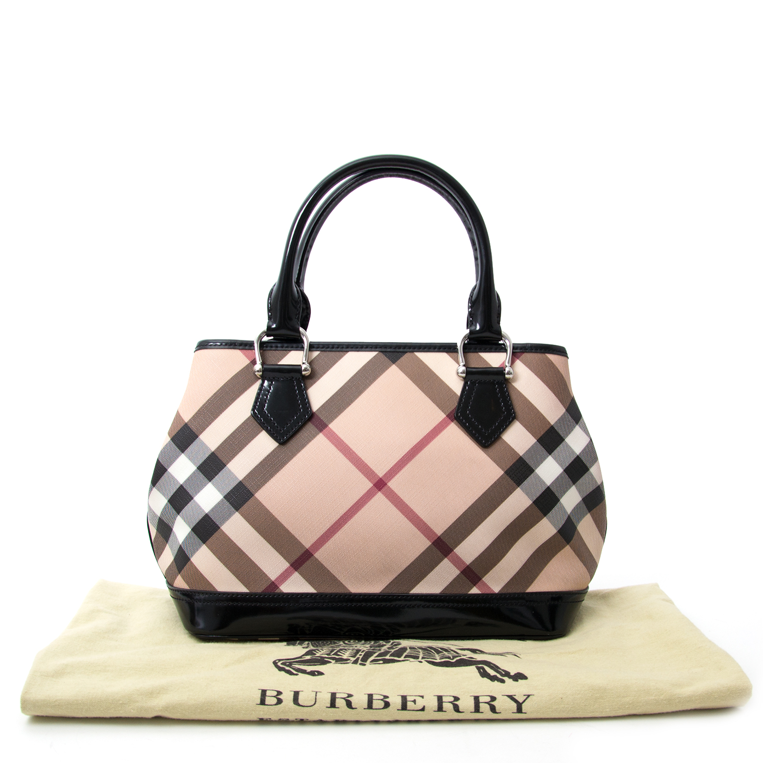 Burberry Boston Bag in Nova Check Coated Canvas Black Patent 