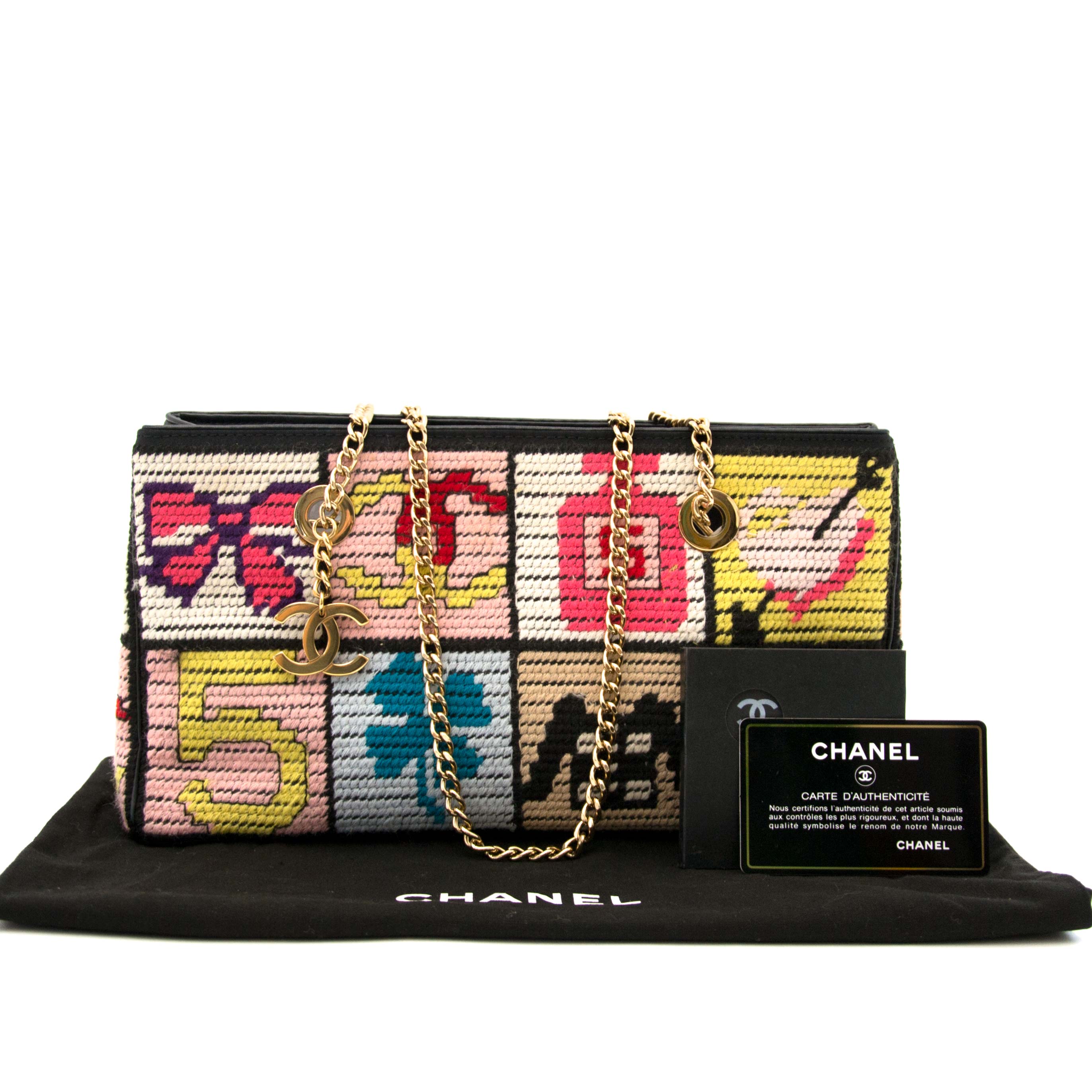 CHANEL needlepoint lucky charms patchwork pochette bag with gilt