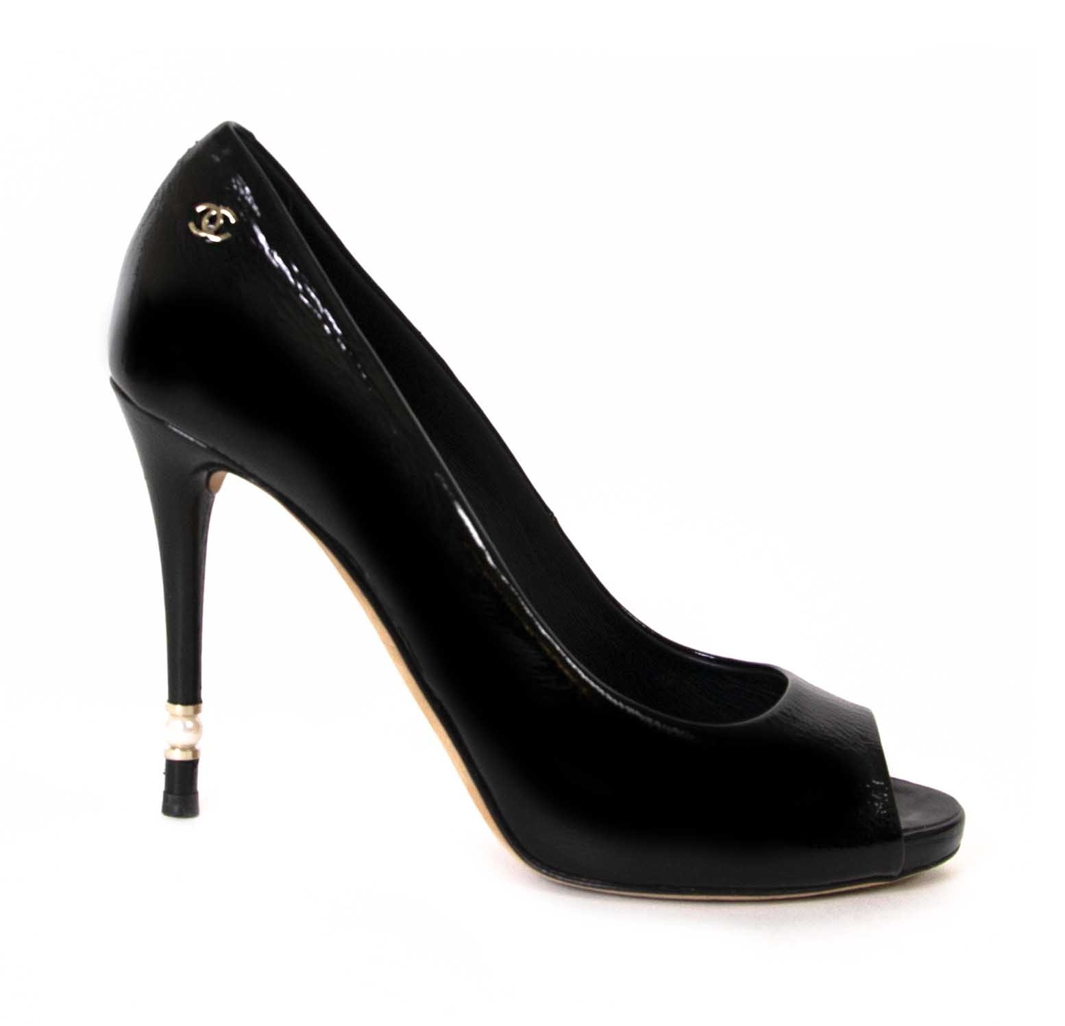 Chanel Black Patent Peep Toe Heels Size 37 5 Labellov Buy