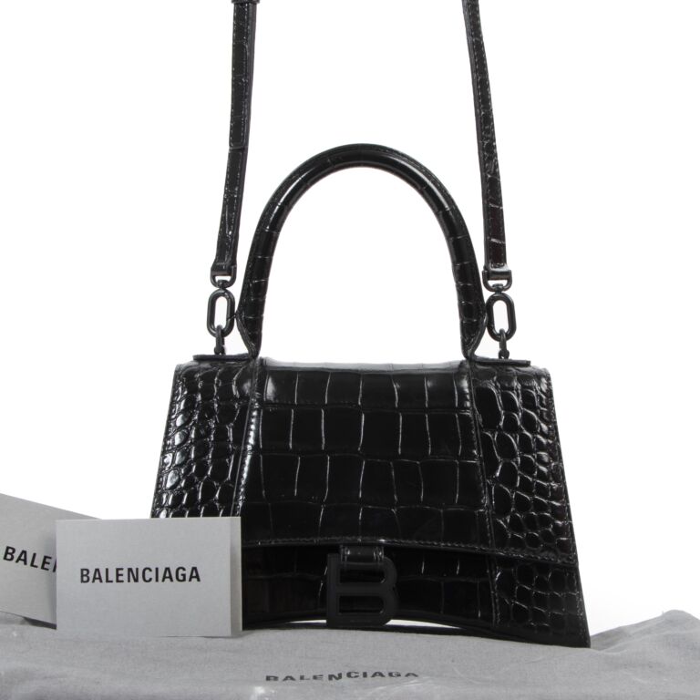 Balenciaga Hourglass Medium Crocodile Embossed Leather Bag in Black