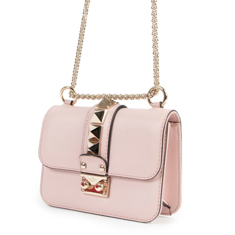Valentino Crystal Embellished Glam Lock Pink Leather Cross Body
