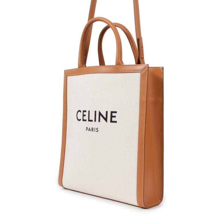Celine Natural Canvas & Tan Calfskin Small Vertical Cabas Tote by