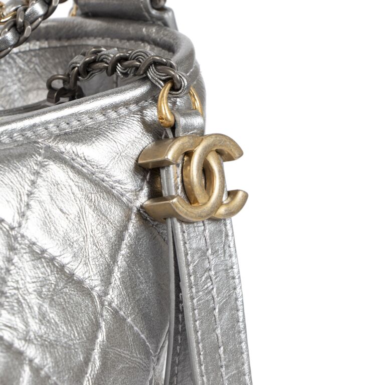 Chanel 2017 Gabrielle Medium Hobo Bag Metallic Silver Aged Calfskin
