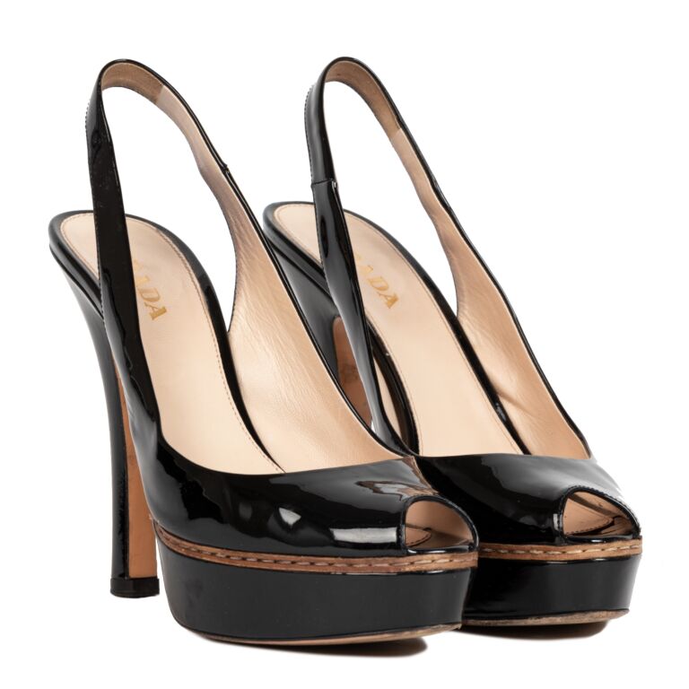 black patent leather peep toe heels