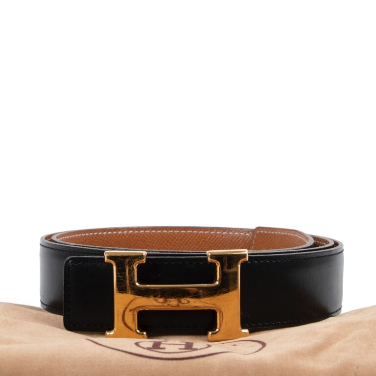 Auth HERMES Mini Constance H Belt Black/Gold Leather/Goldtone - h27931f