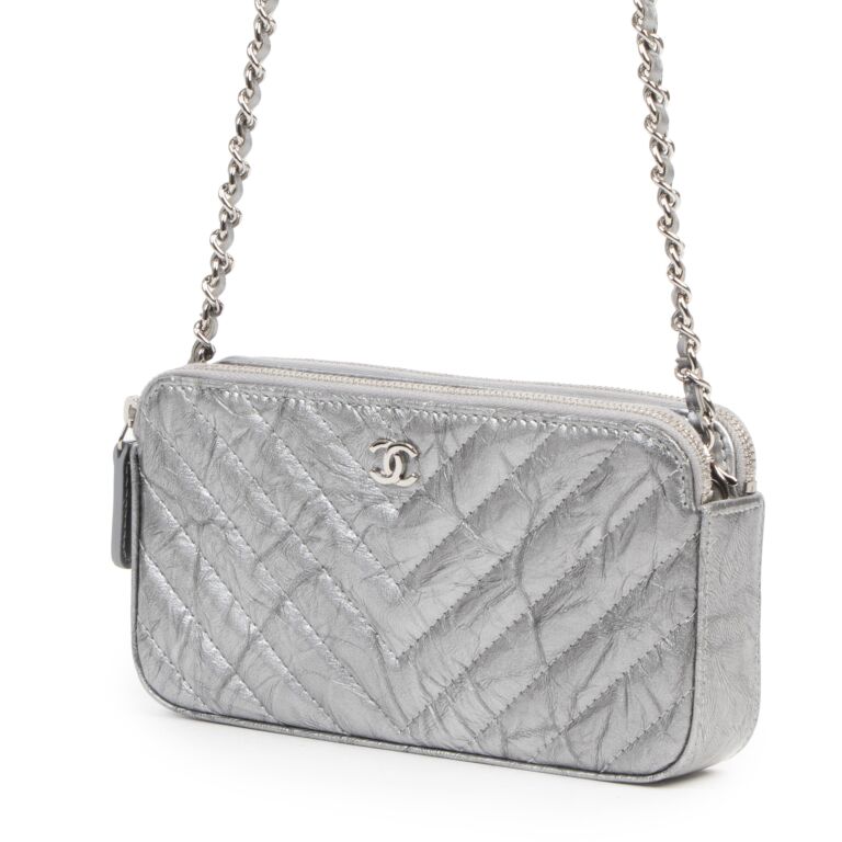 Authentic CHANEL Double Zip Clutch Wallet Silver Tone Chain Strap