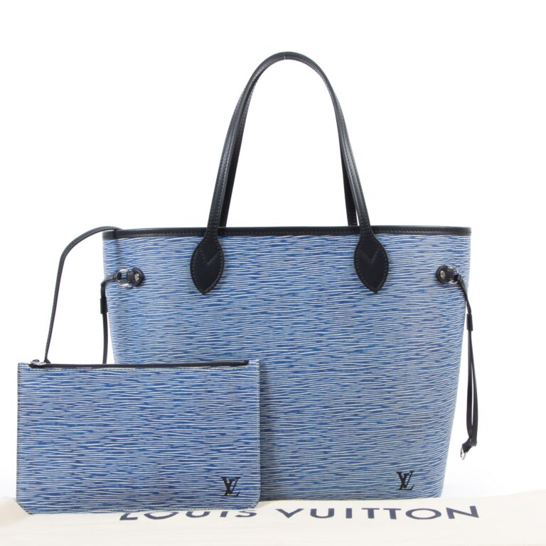 Louis Vuitton Blue Denim Epi Leather Neverfull Pochette MM/GM Wristlet Bag  For Sale at 1stDibs