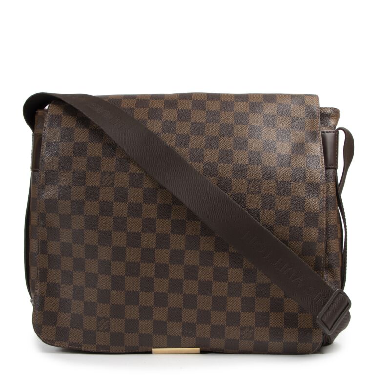 LOUIS VUITTON DAMIER EBENE NAVIGLIO SHOULDERMESSENGER BAG with adjustable  dark brown fabric shoulder strap gold tone hardware and dark brown leather  trims top zip closure and two overlaying flaps with snap closure