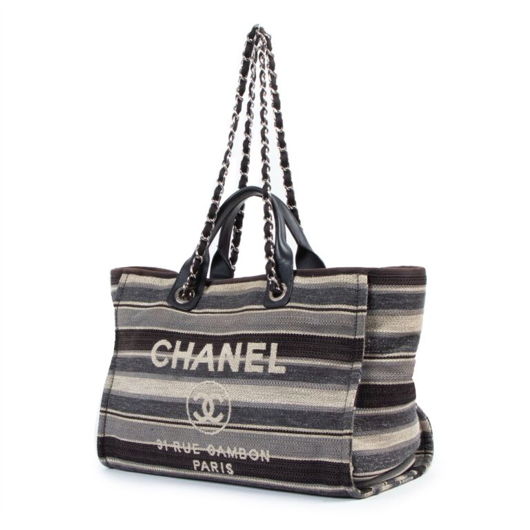 Chanel Canvas Calfskin Striped Large Deauville Tote Black White