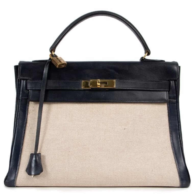 Hermes Kelly Vintage Handbag - Toile & Navy Blue Leather