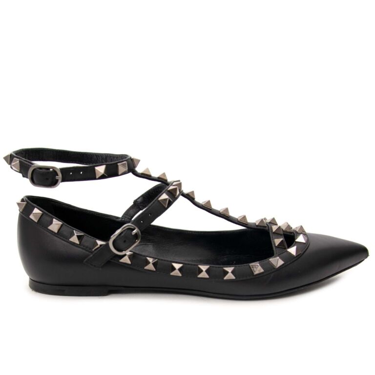 Valentino Rockstud Double Ankle Strap Black Ballerina Flats - Size 37,5 ...