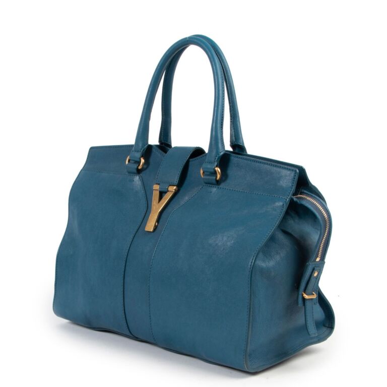 Auth SAINT LAURENT Cabas 2-Way Handbag Shoulder Bag Blue Leather/Goldtone  e53843