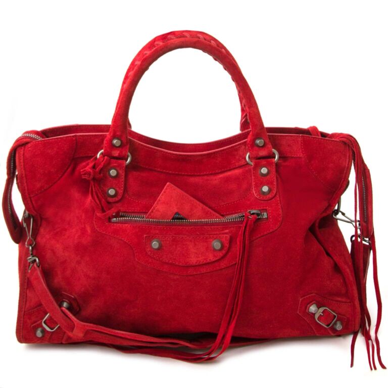 Balenciaga Red Suede City Bag Labellov Buy and Sell Authentic Luxury