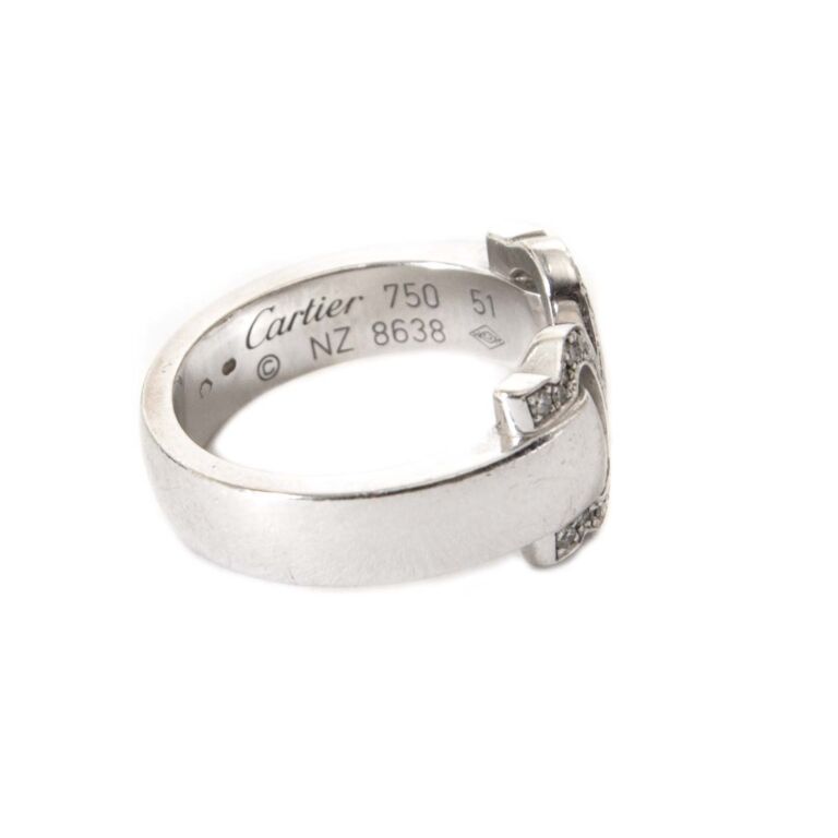 Cartier 18k White Gold Double C Ressort Diamond Ring Size 51