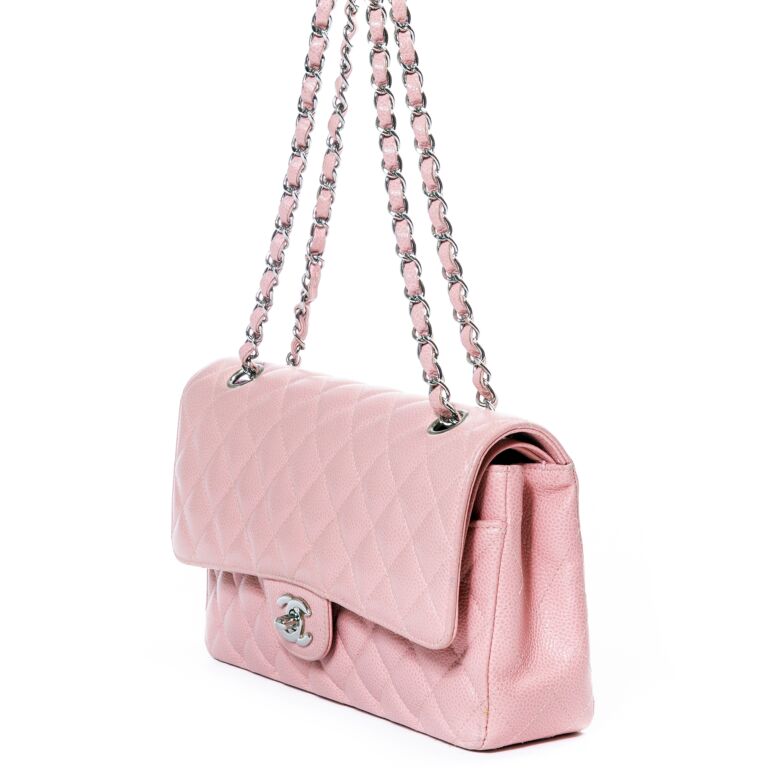 Chanel Classic Medium Double Flap 22B Rose ClairLight Pink Quilted Caviar  with light gold hardware