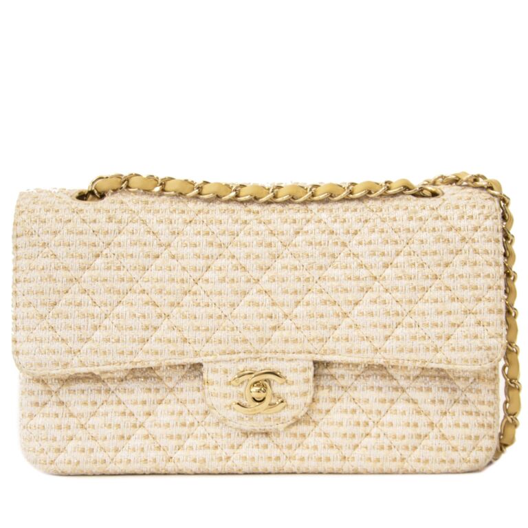 Chanel Yellow Tweed Medium Classic Double Flap Bag with Champagne Gold   Sellier