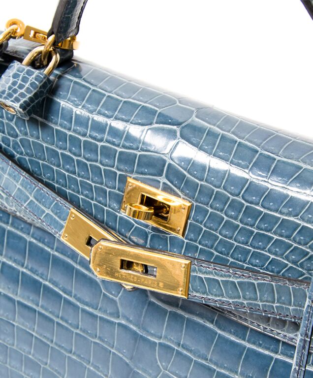 Hermès Kelly 28 Crocodile Blue Jean Bag