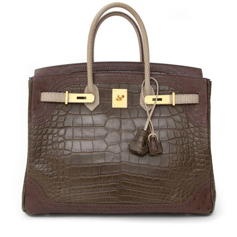 Secondhand Hermès Birkin 35 'Grand Marriage Ghillies' Gris Elephant  Alligator, Marron Fonce Ostrich, And Ficelle Lizard ○ Labellov ○ Buy and  Sell Authentic Luxury