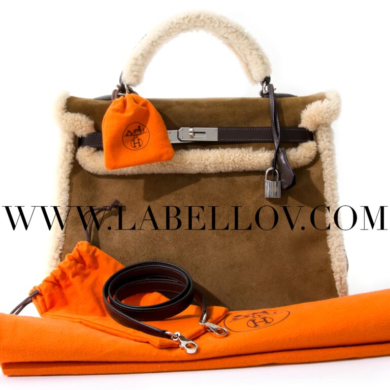 Hermès Ebene Barenia and Shearling Teddy Kelly 35cm For Sale at
