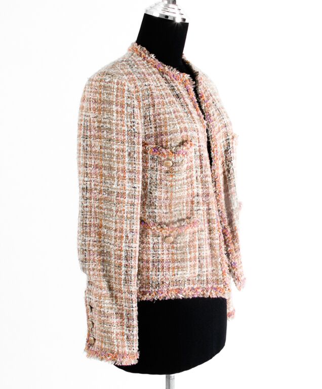 CHANEL 40 04P PinkWhite Tweed Fringed Logo Classic Iconic Jacket Blazer   eBay