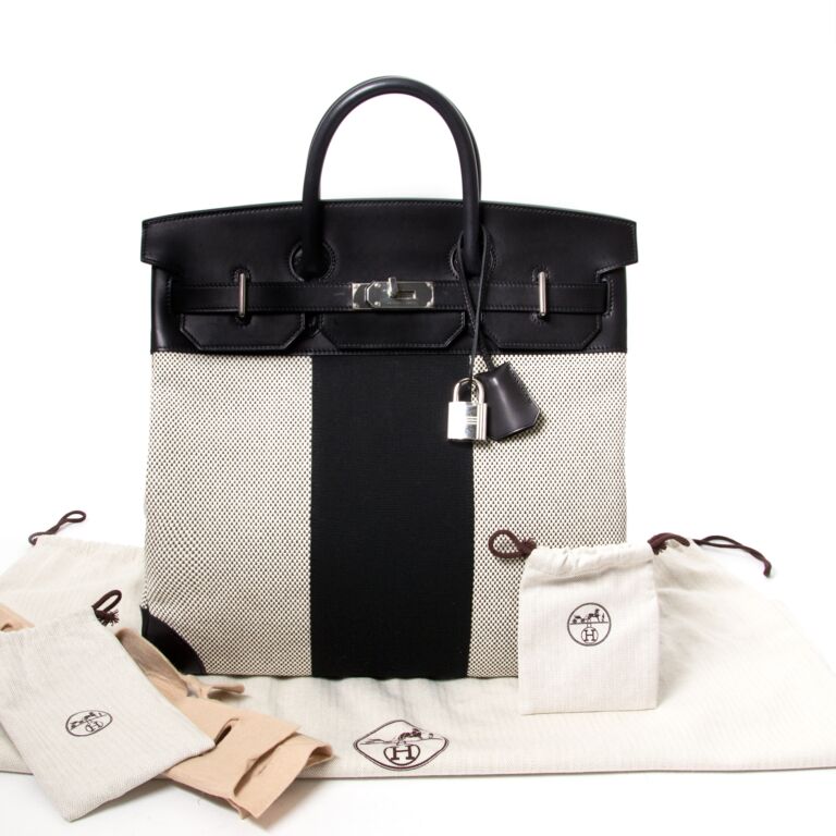 Unique Hermès Birkin HAC 40 Flag Toile Criss Galon Veau Evercalf Ecru  Graphite Noir ○ Labellov ○ Buy and Sell Authentic Luxury