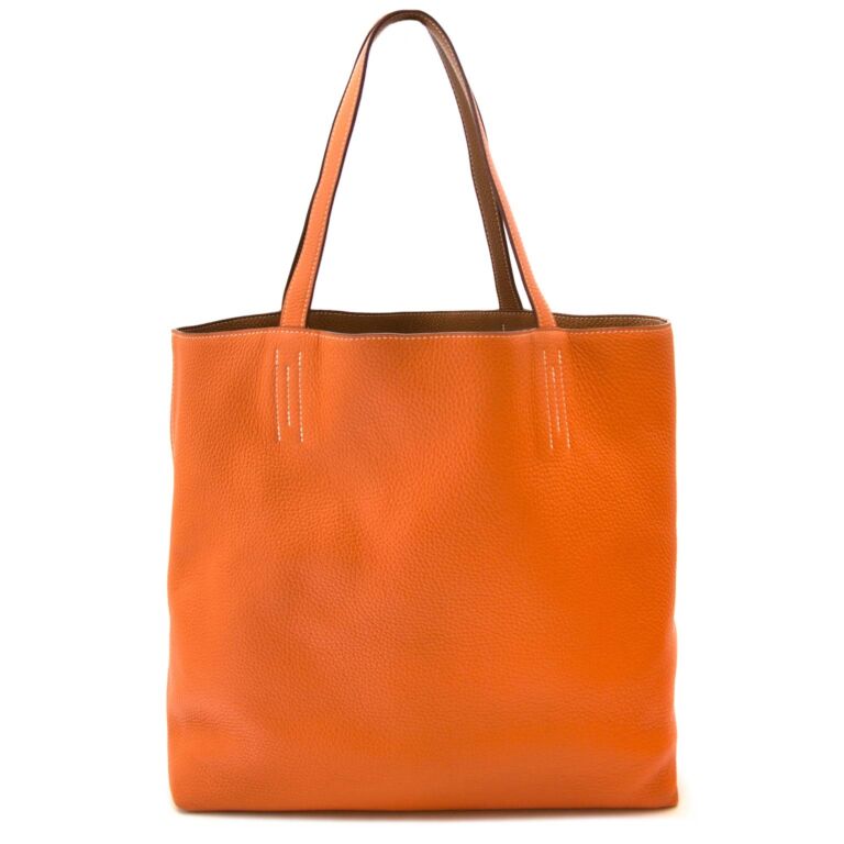 Hermes Double Sens Shoulder Tote Bag Clemence Leather Gold Brown Orange