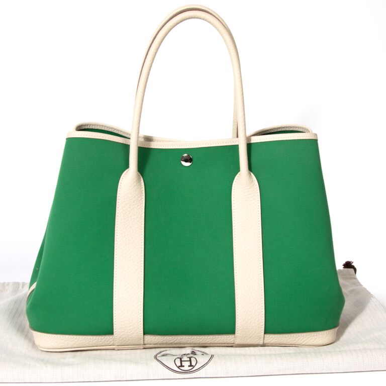 Hermes Garden Party Green Leather Toile Canvas Tote Shopper Bag –
