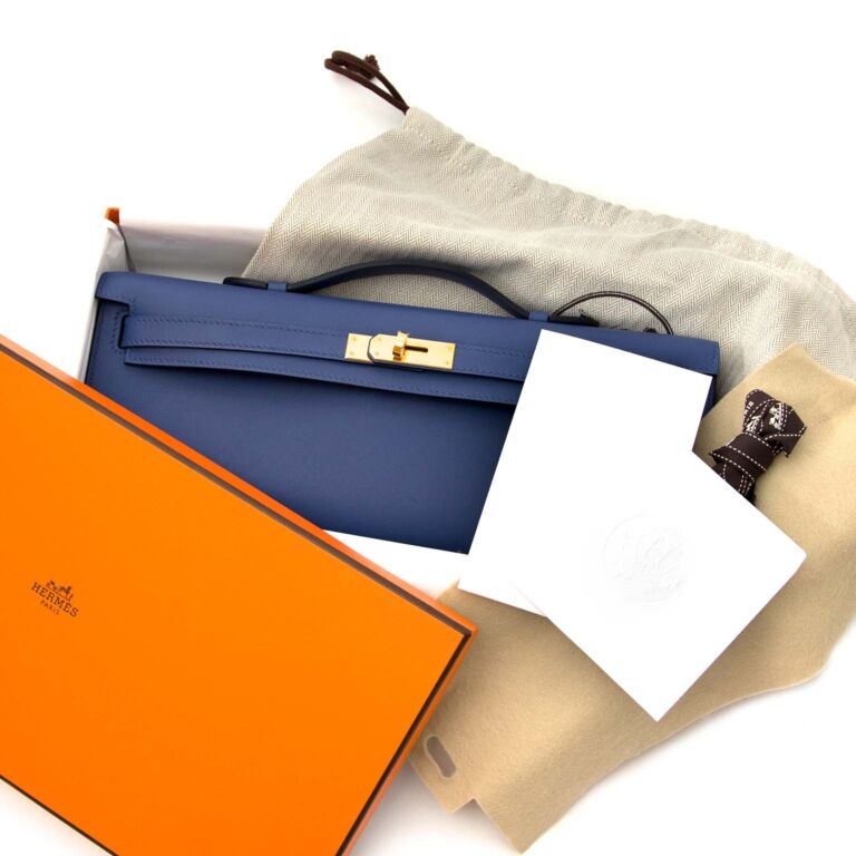 Hermès Kelly Cut Pochette Veau Swift Bleu Brighton GHW ○ Labellov