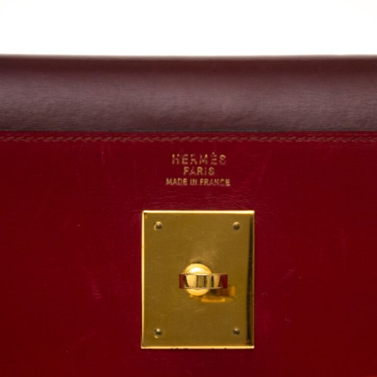 1980s Vintage HERMES Kelly 32 bag rouge ash box calf leather with