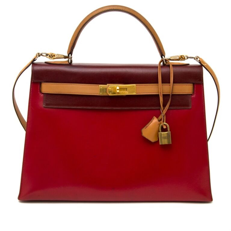 Hermès Kelly 32 Tri Color Box Calf Sellier Vermillion Red, Rouge H & Gold  GHW + Strap ○ Labellov ○ Buy and Sell Authentic Luxury