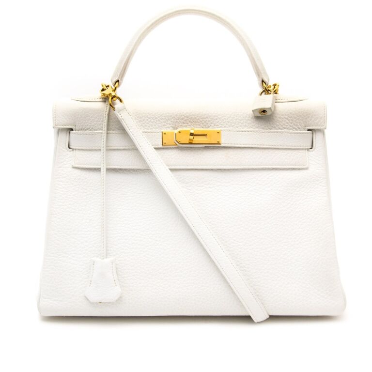Hermès White Kelly 32cm Clemence Taurillon GHW Labellov Buy and Sell ...