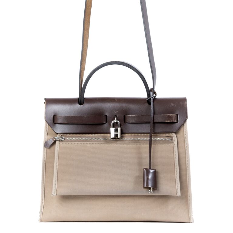 Hermes Etoupe Canvas and Ebene Vache Calfskin Leather 2-in-1 Herbag TPM Bag  - Yoogi's Closet