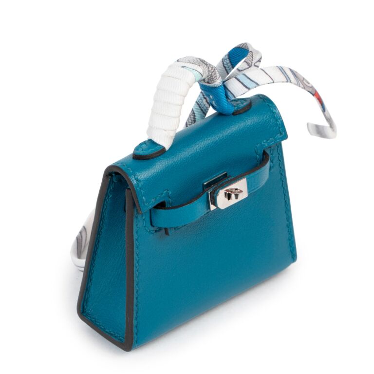Hermès Blue, Pattern Print 2021 Tadelakt Mini Kelly Sellier Twilly Bag Charm