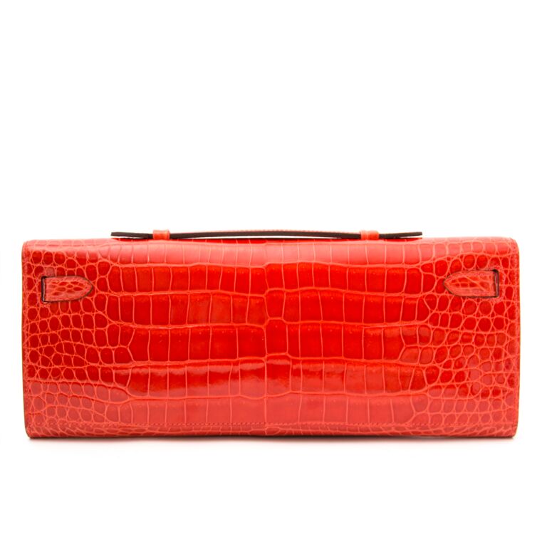 Hermès Kelly Cut Pochette Crocodile Porosus Lisse Orange GHW ○ Labellov ○  Buy and Sell Authentic Luxury