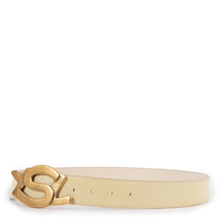Yves Saint Laurent Vintage Logo Buckle Beige Patent Leather Belt